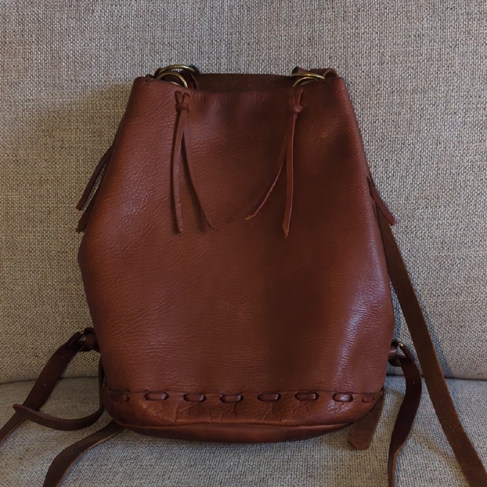 Vintage Madewell Cognac Leather Drawstring Crossbody/Backpack Bucket Bag - Picture 3 of 10